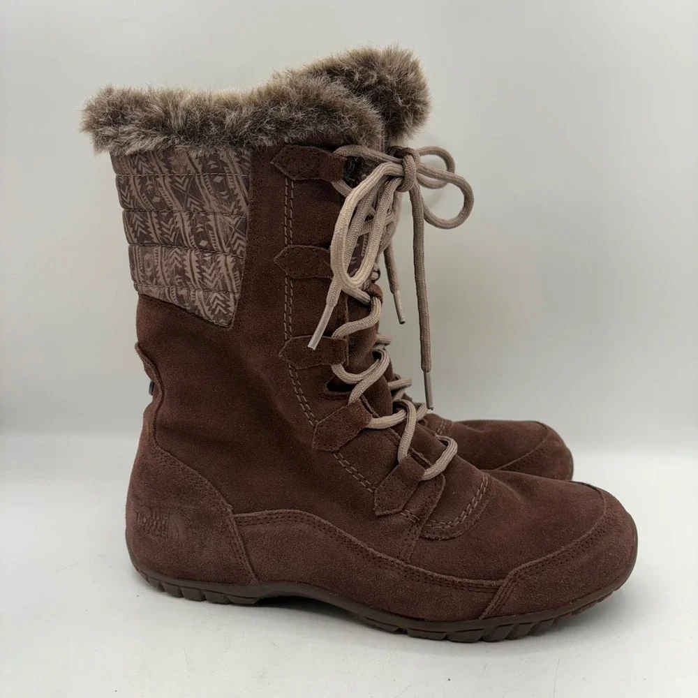 The North Face Womens Nuptse Purna II Brown Waterproof Suede Winter Boots Size 8